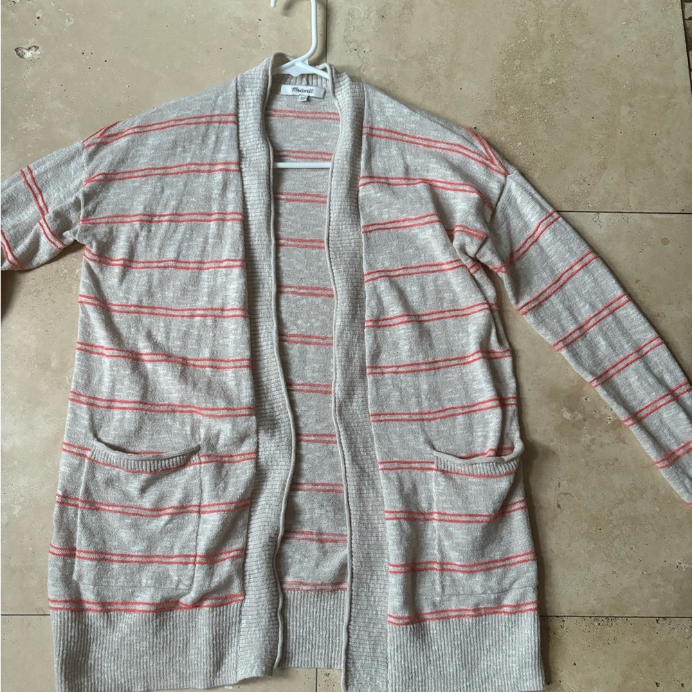 Madewell Tan and Coral Striped Cardigan